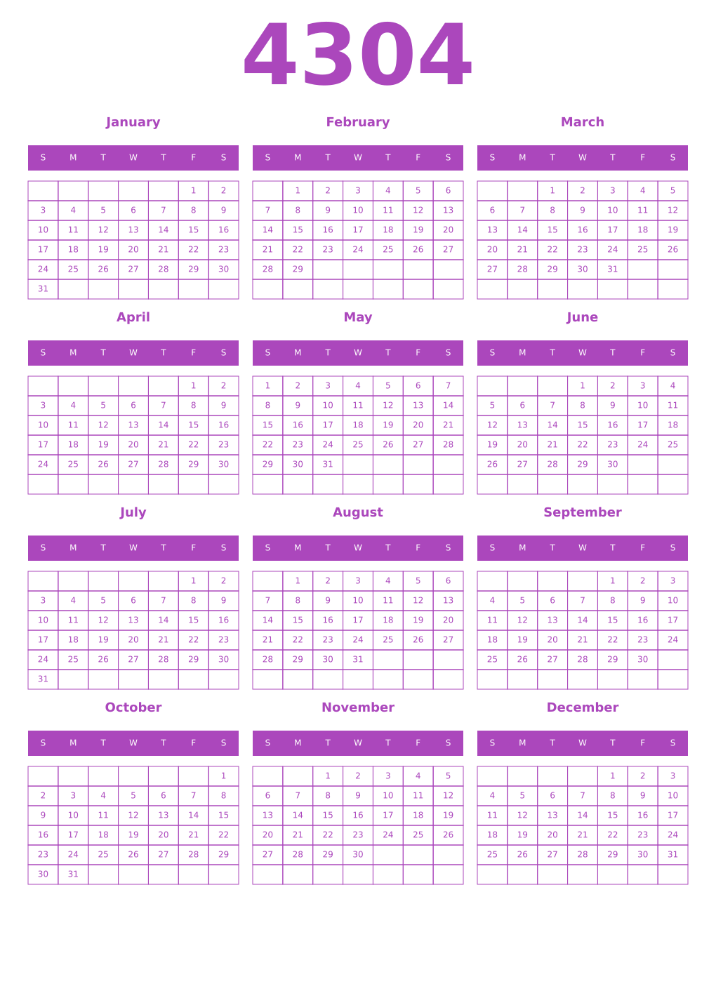 Printable 4304 Year Calendars purple