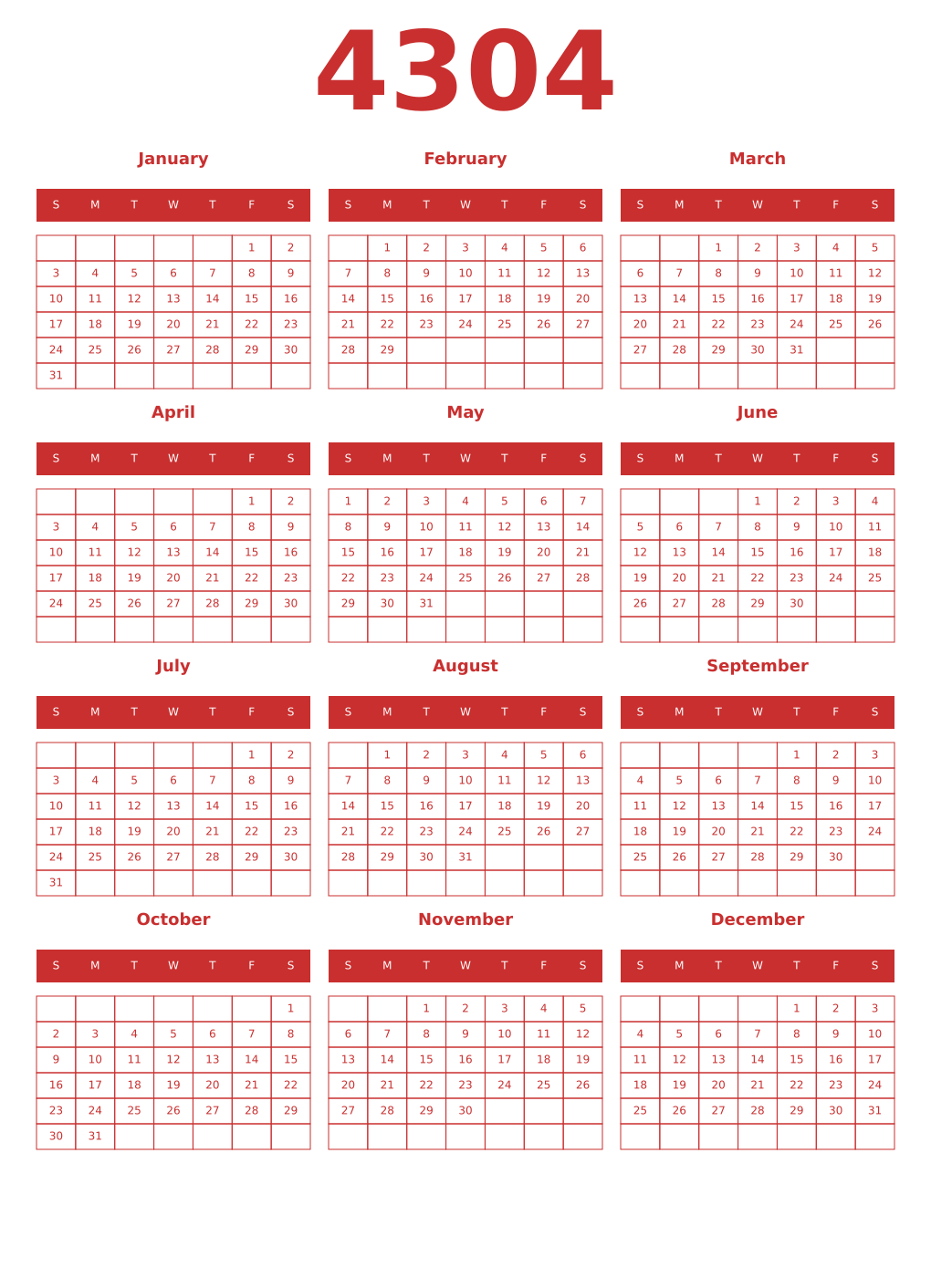 Printable 4304 Year Calendars red