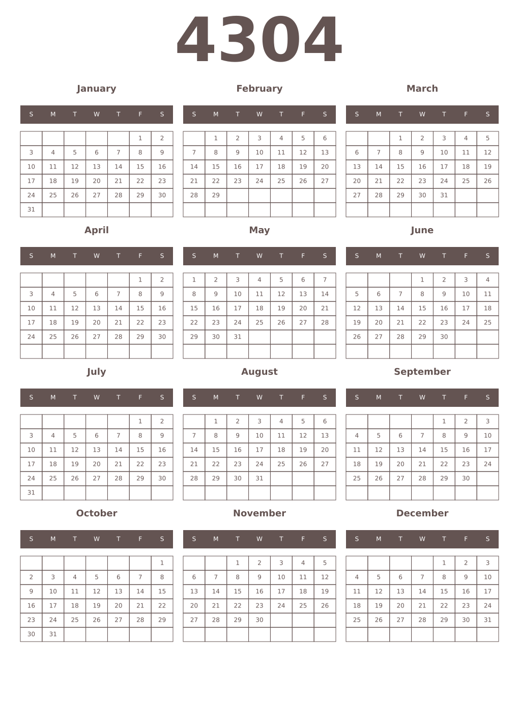 Printable 4304 Year Calendars wenge
