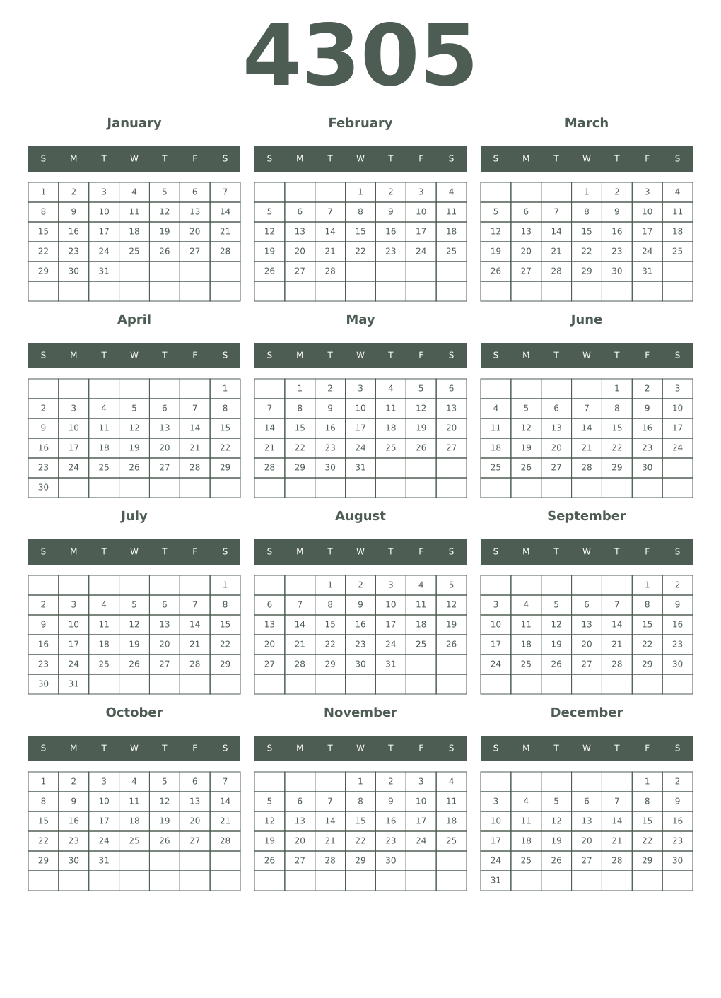 Printable 4305 Year Calendars feldgrau