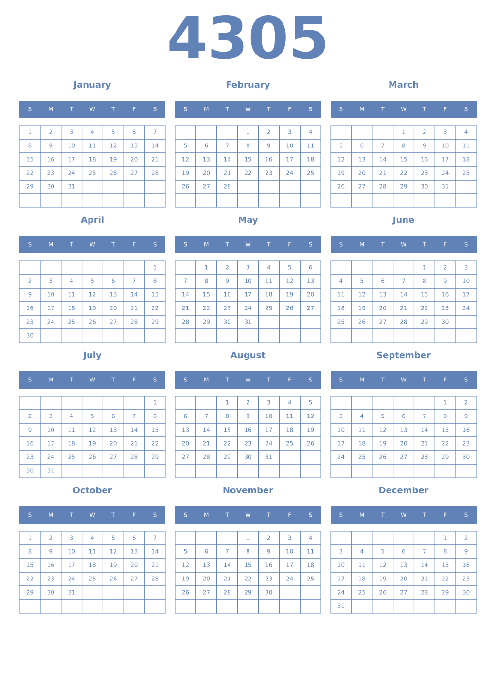 Printable 4305 Year Calendars glaucous