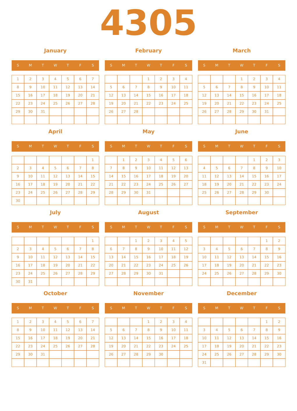 Printable 4305 Year Calendars orange