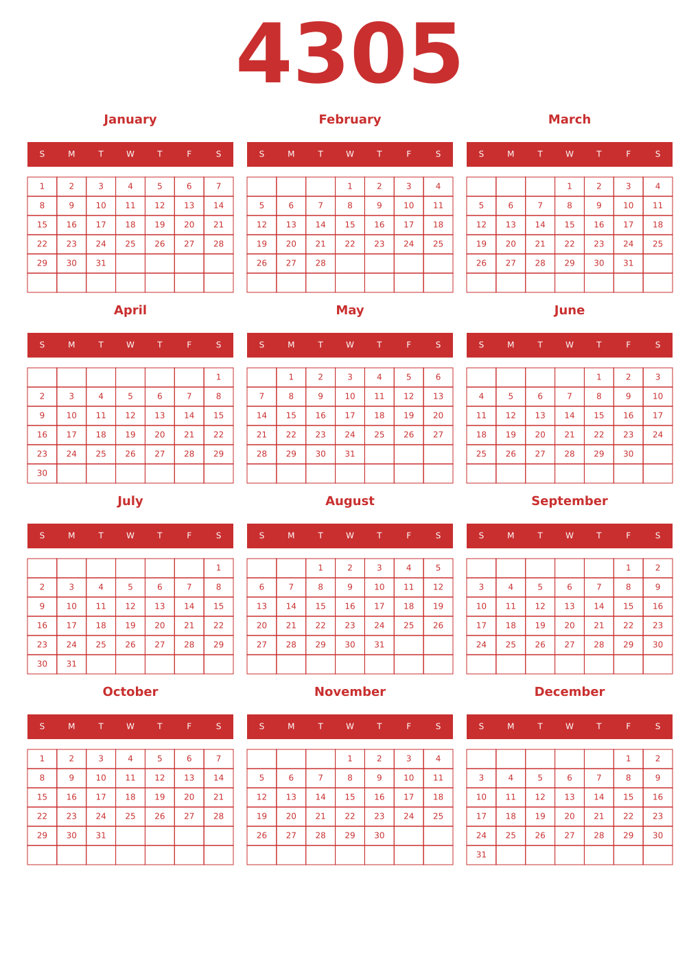 Printable 4305 Year Calendars red