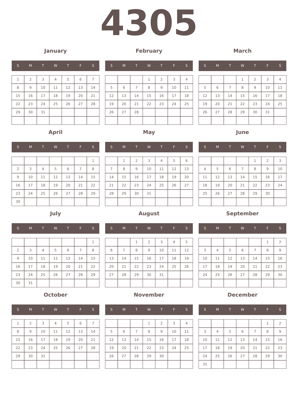 Printable 4305 Year Calendars wenge