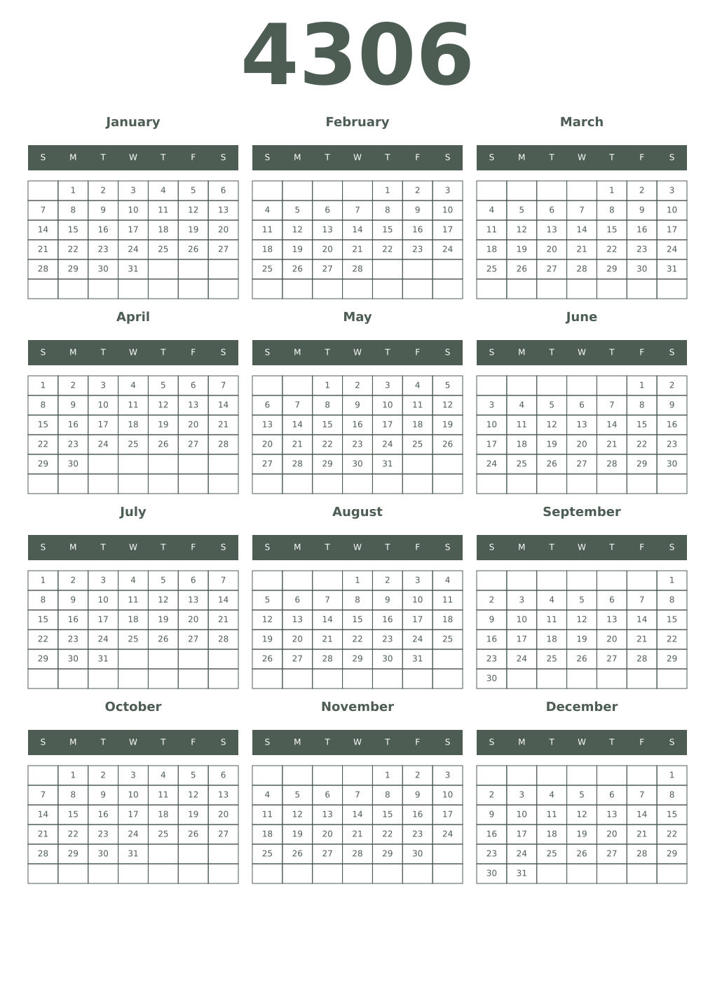 Printable 4306 Year Calendars feldgrau