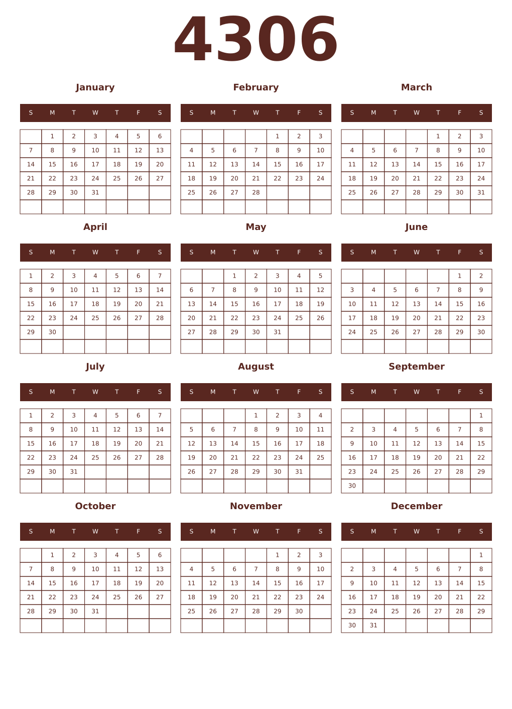 Printable 4306 Year Calendars mortuum