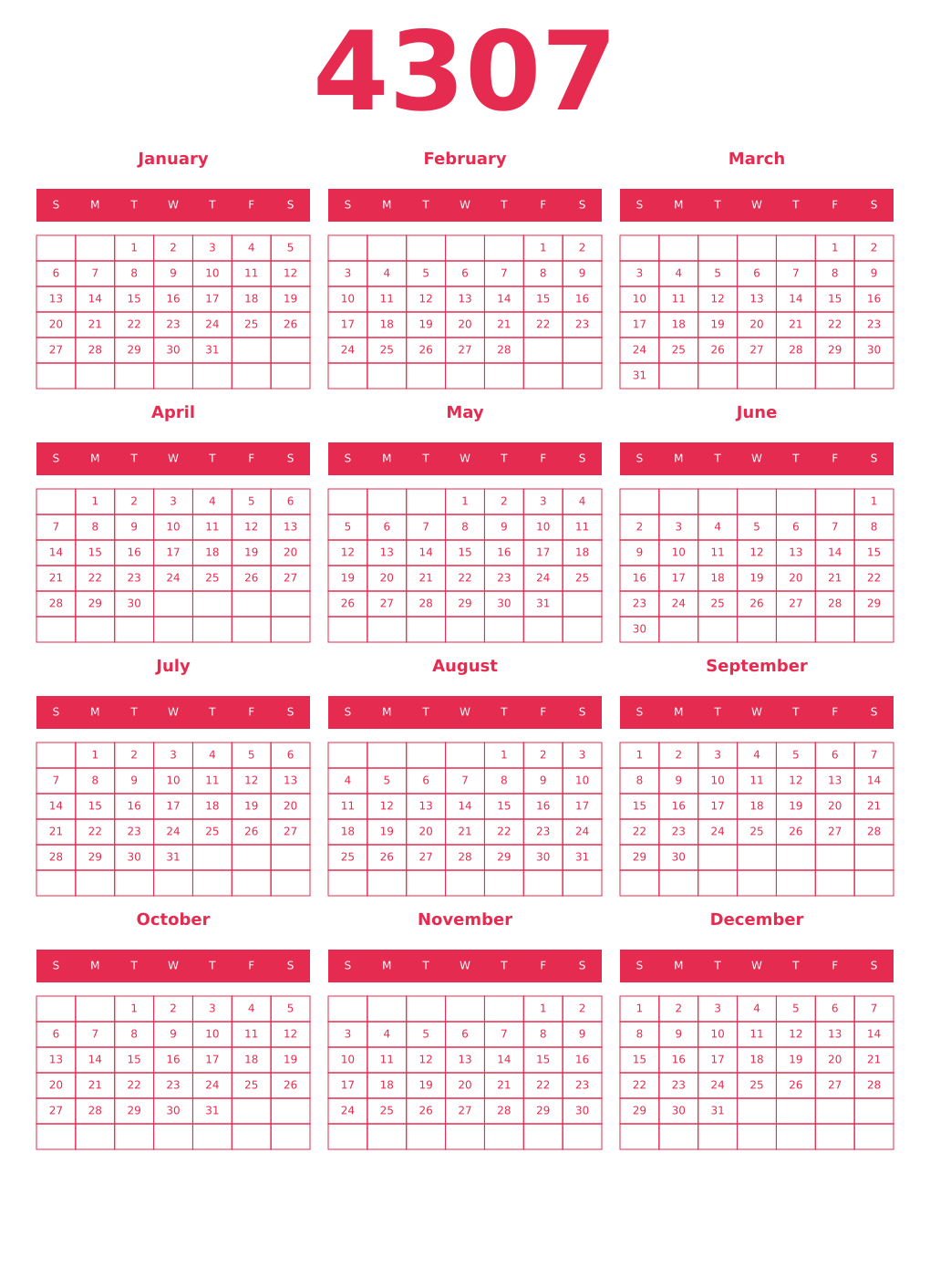 Printable 4307 Year Calendars amaranth