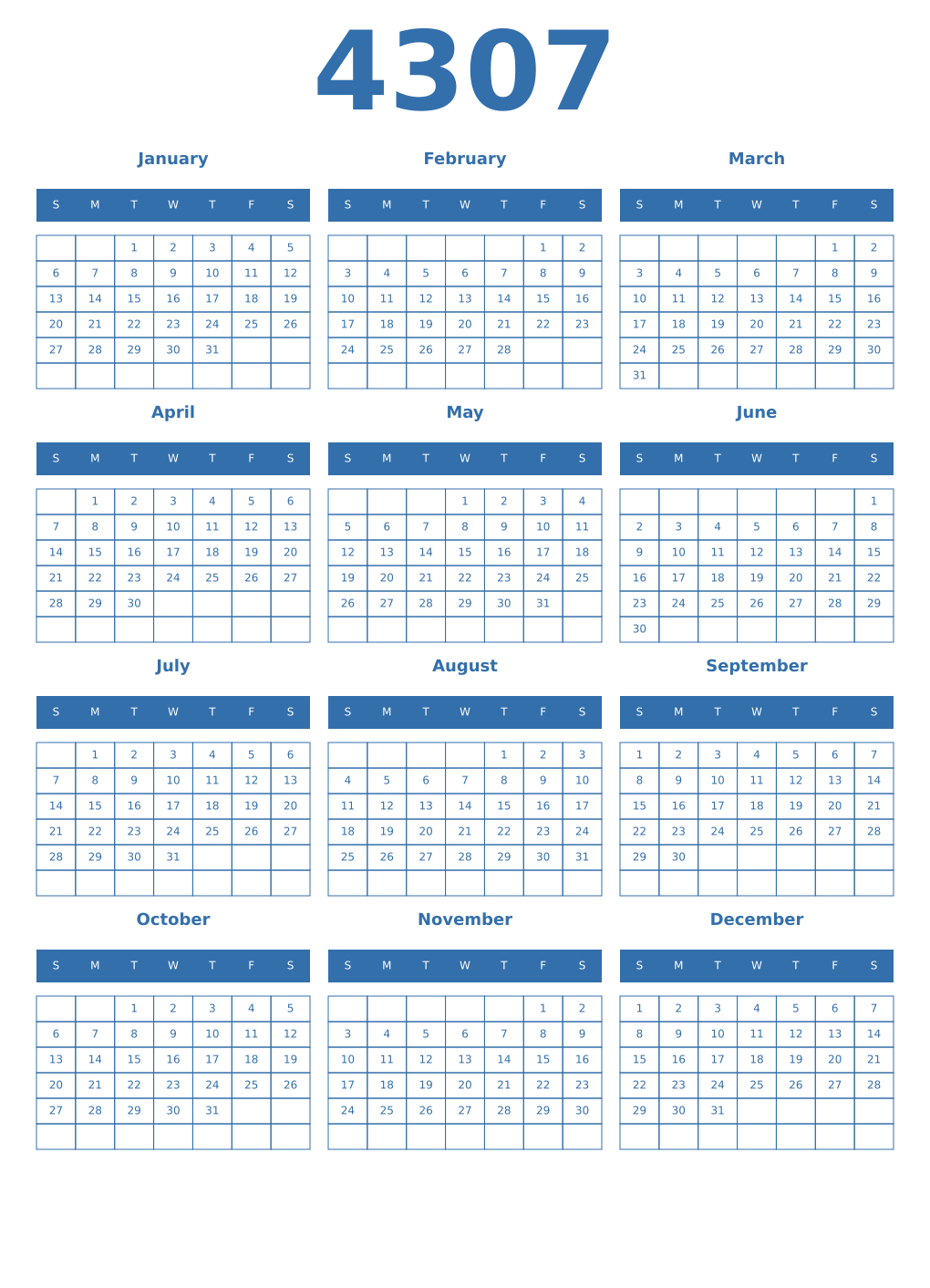 Printable 4307 Year Calendars blue
