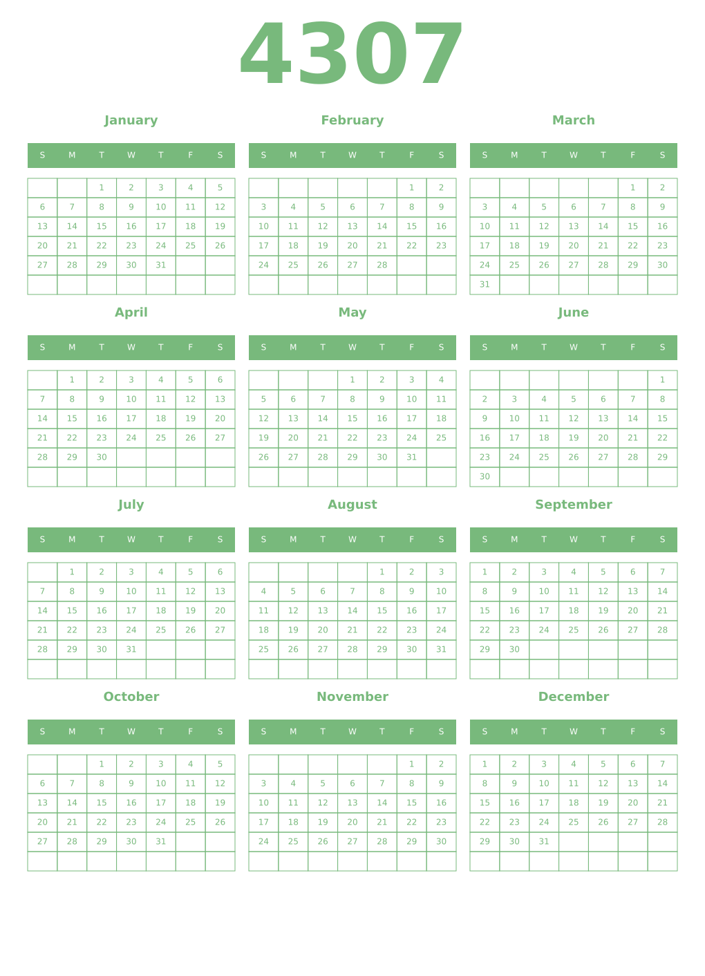 Printable 4307 Year Calendars celadon
