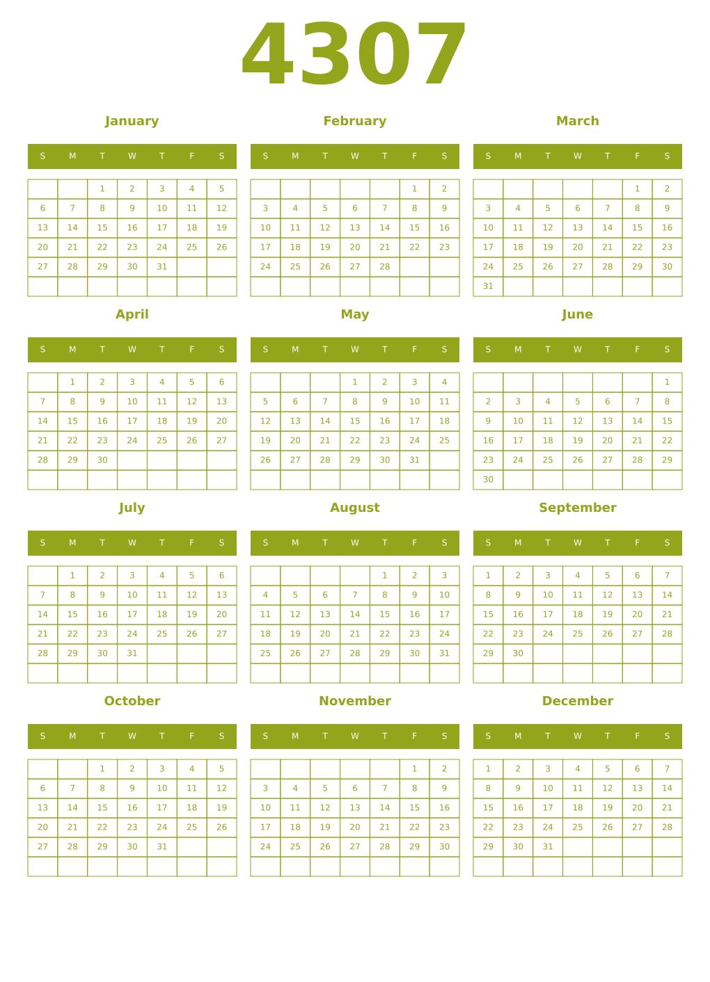 Printable 4307 Year Calendars chartreuse