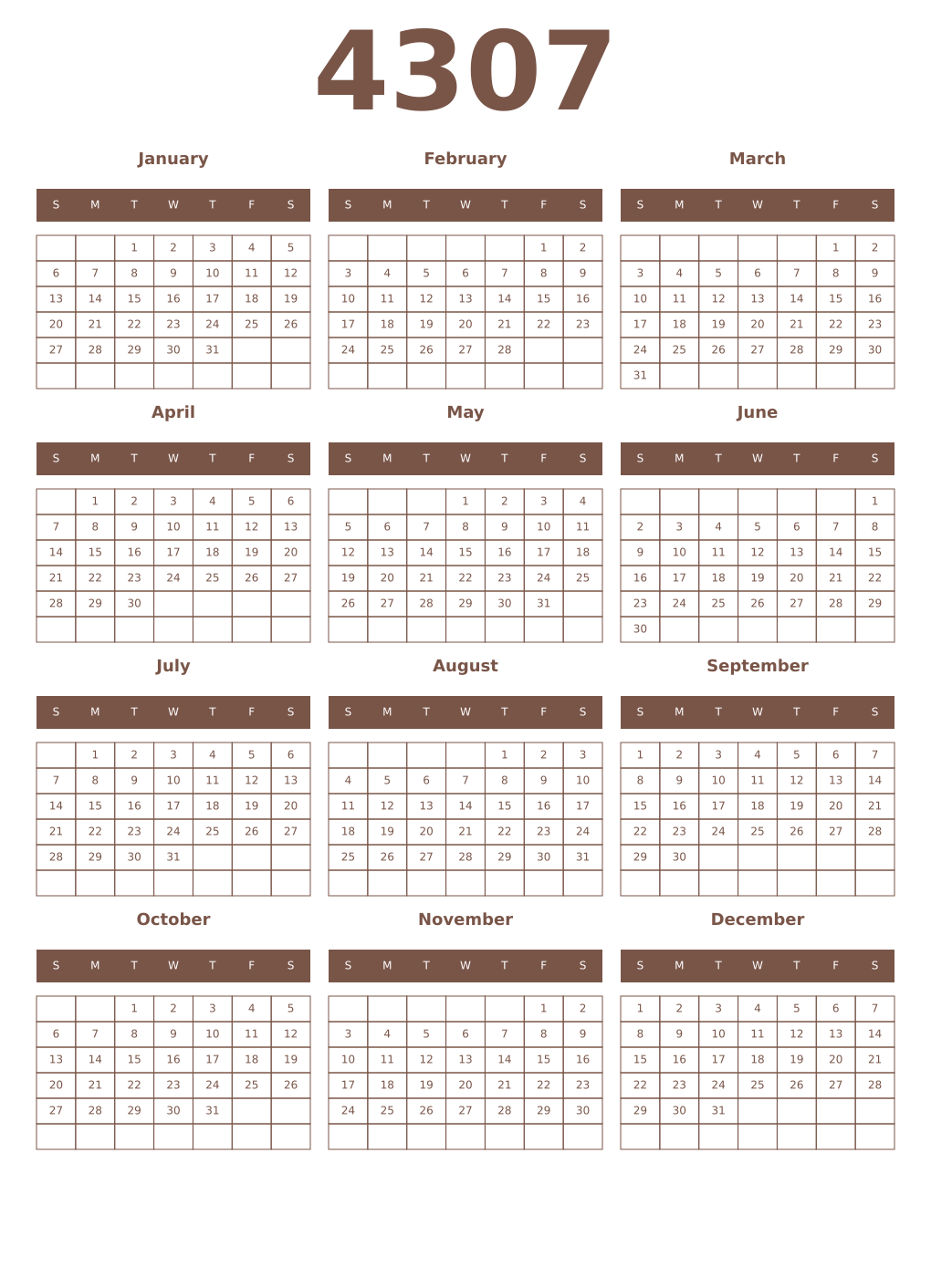 Printable 4307 Year Calendars coffe