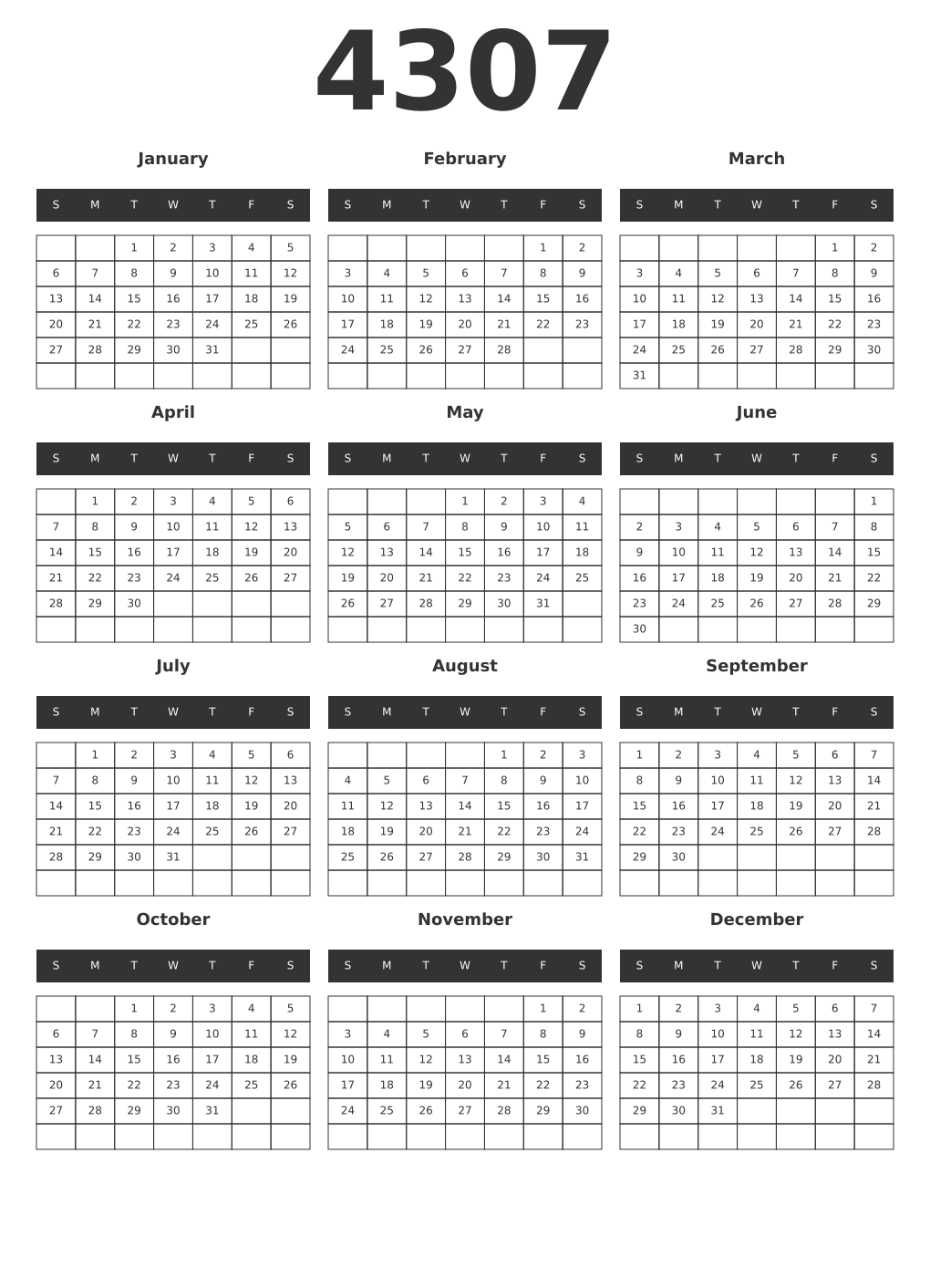 Printable 4307 Year Calendars dark