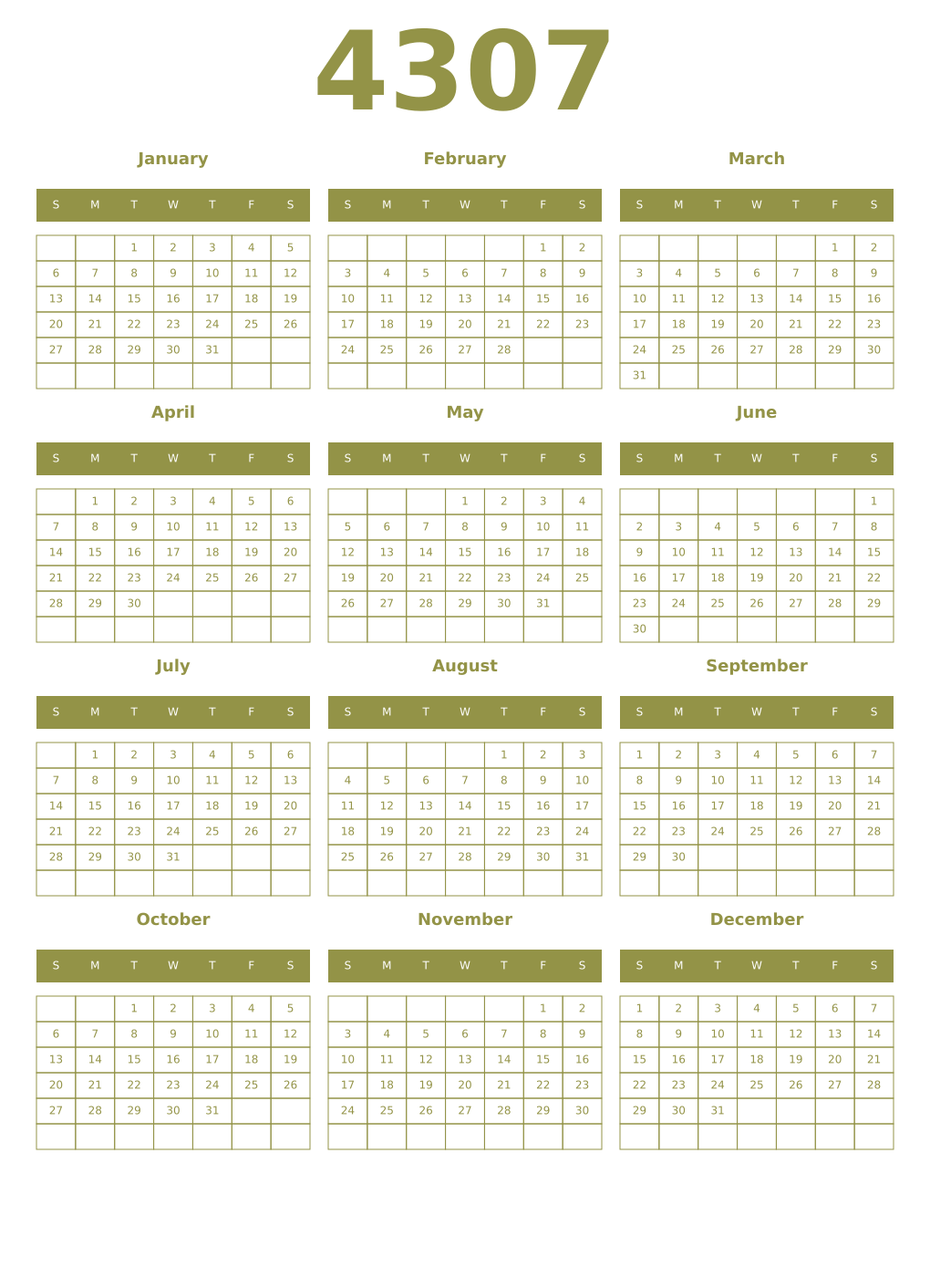 Printable 4307 Year Calendars eburnean