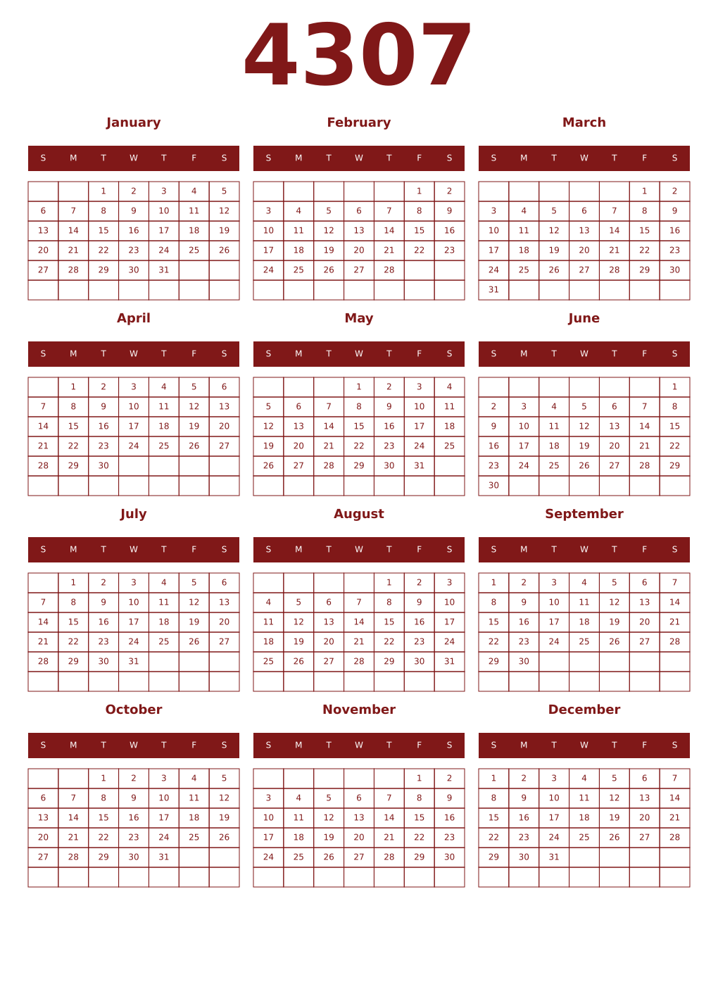 Printable 4307 Year Calendars falu