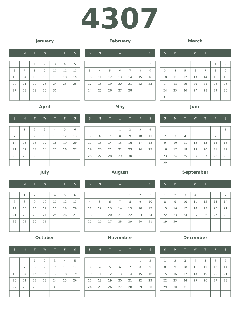 Printable 4307 Year Calendars feldgrau