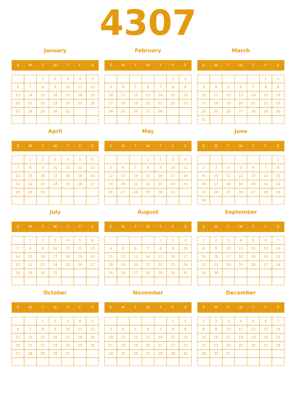 Printable 4307 Year Calendars gamboge