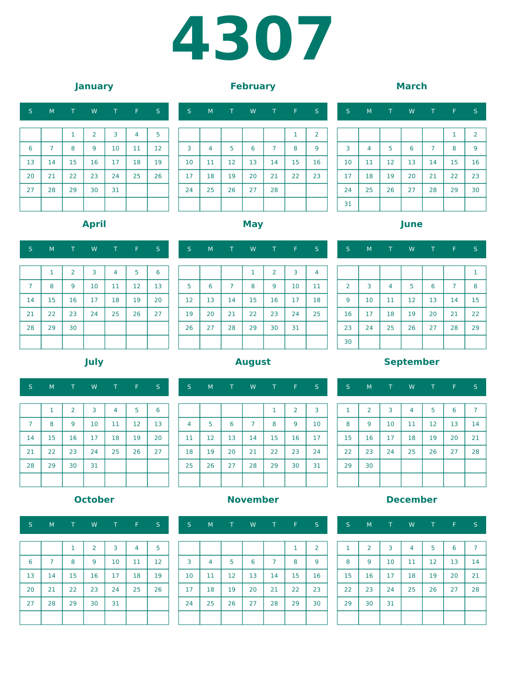 Printable 4307 Year Calendars pastel