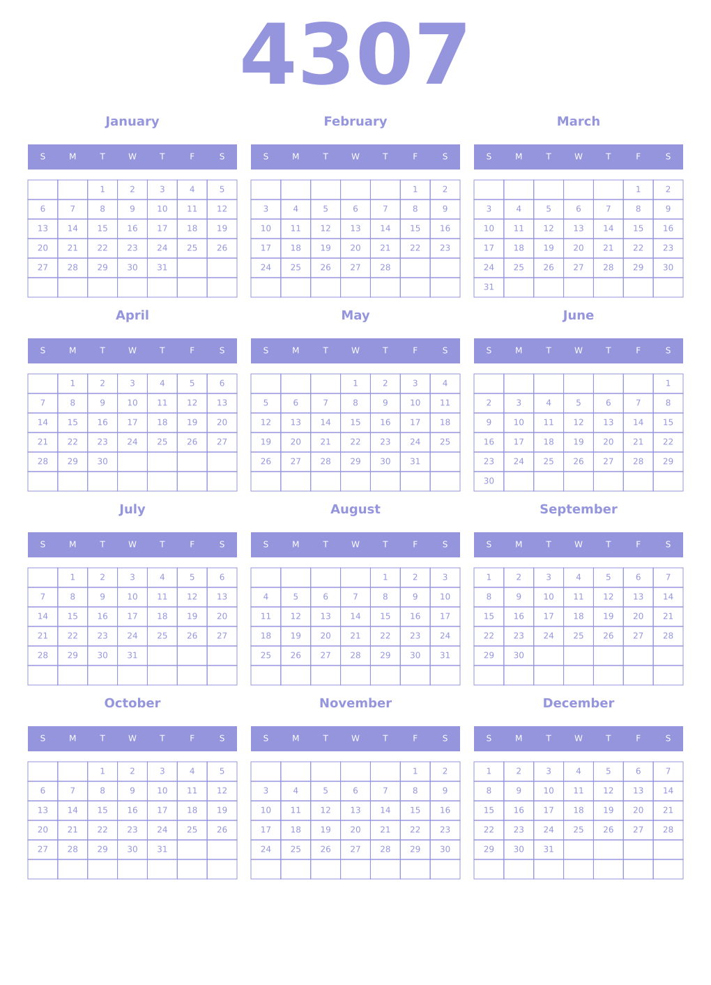 Printable 4307 Year Calendars periwinkle