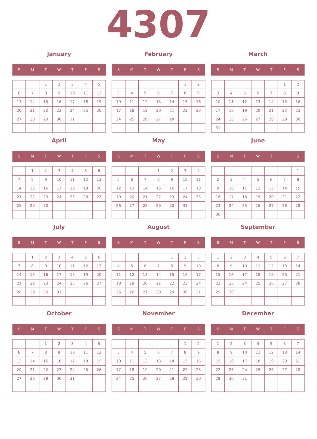 Printable 4307 Year Calendars puce