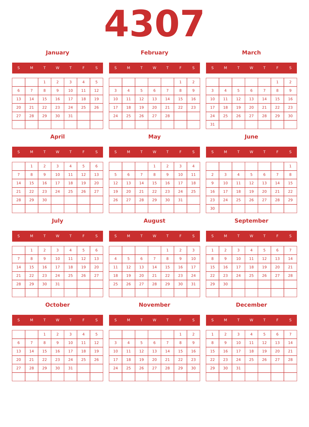 Printable 4307 Year Calendars red