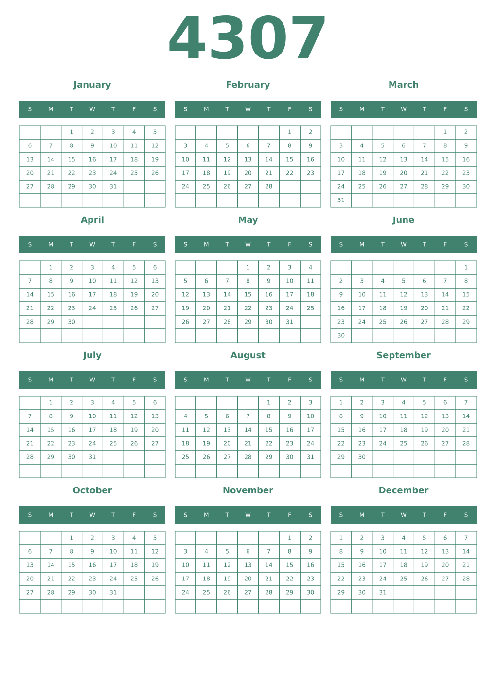 Printable 4307 Year Calendars viridian