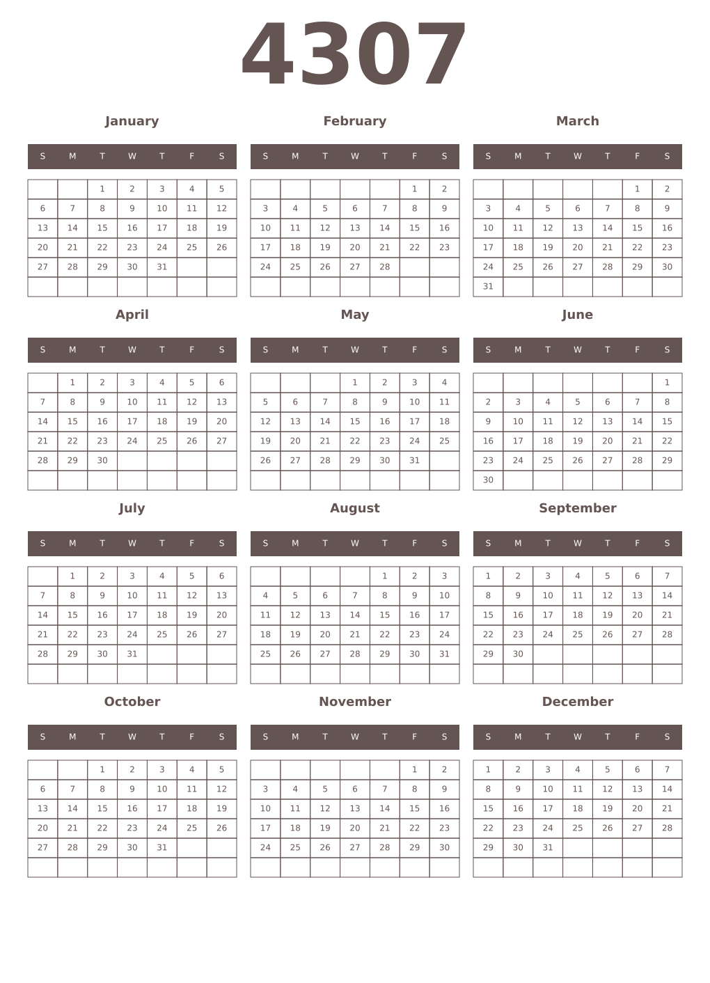 Printable 4307 Year Calendars wenge