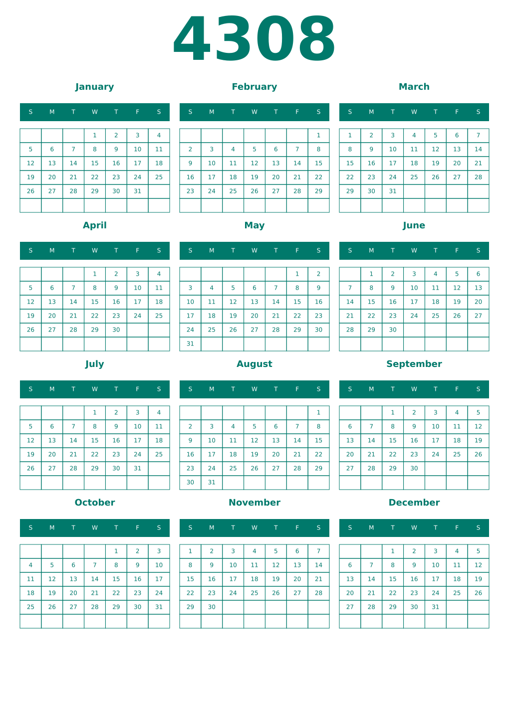 Printable 4308 Year Calendars pastel