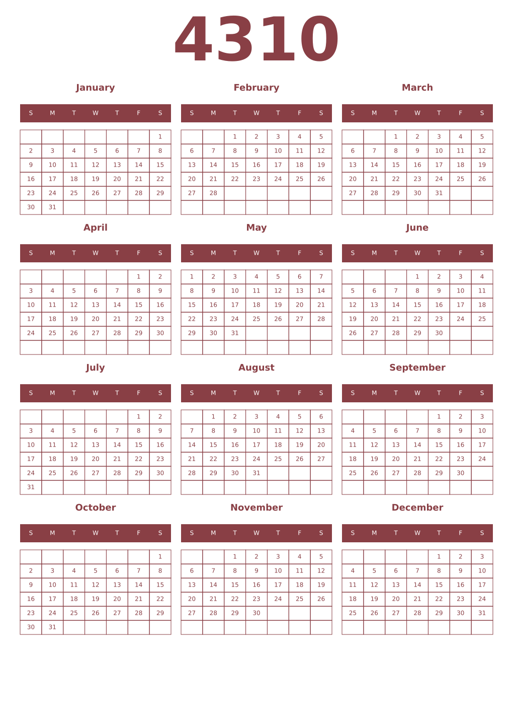 Printable 4310 Year Calendars cordovan
