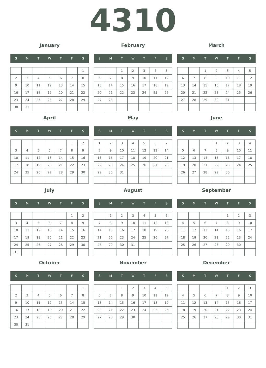 Printable 4310 Year Calendars feldgrau