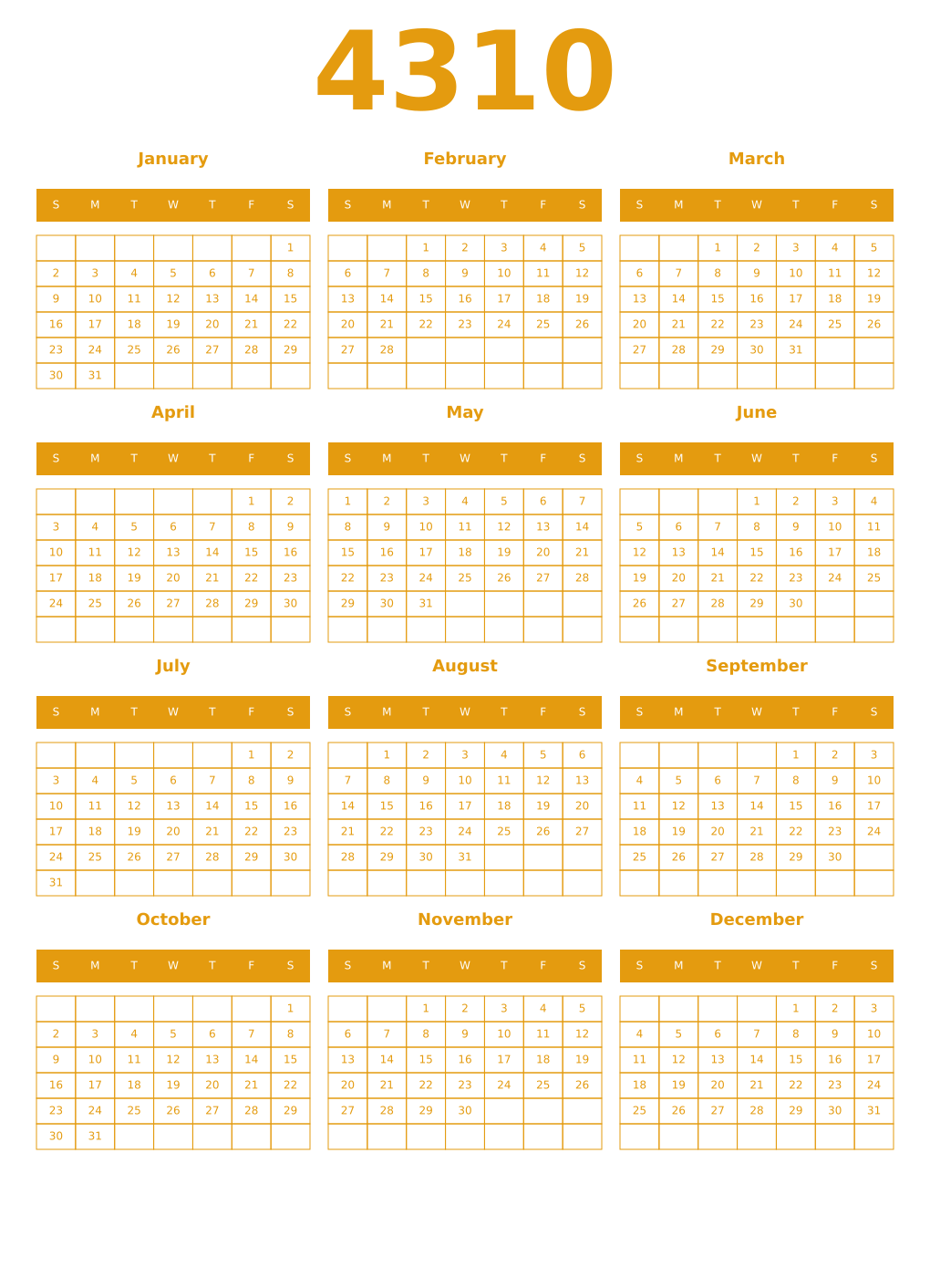 Printable 4310 Year Calendars gamboge
