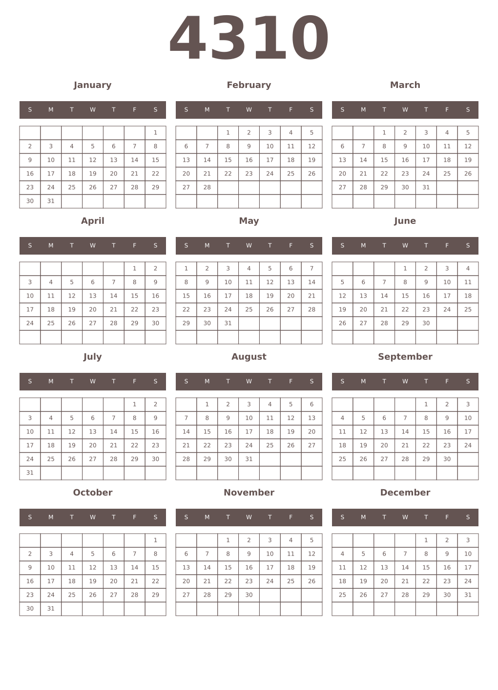Printable 4310 Year Calendars wenge