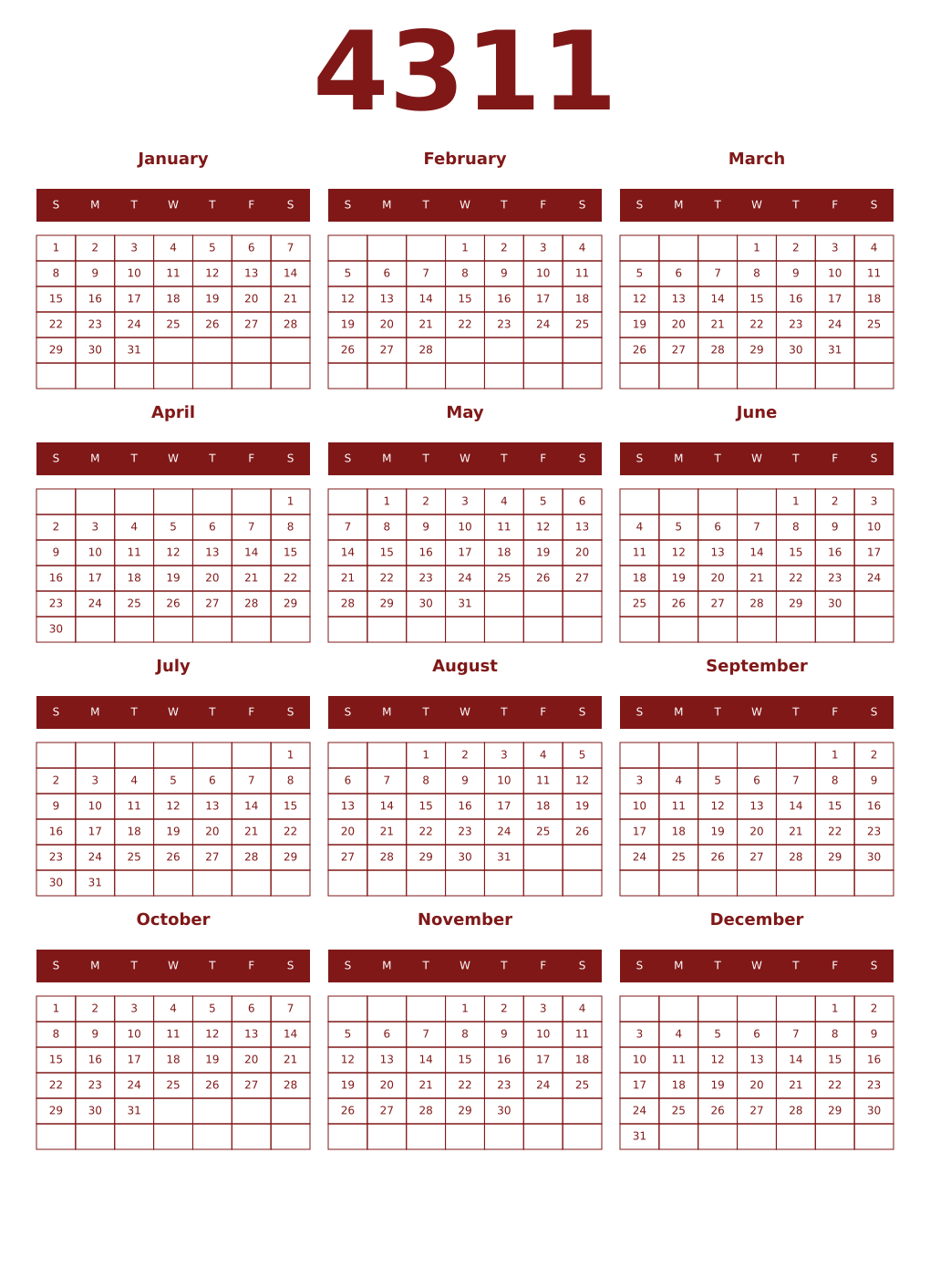 Printable 4311 Year Calendars falu