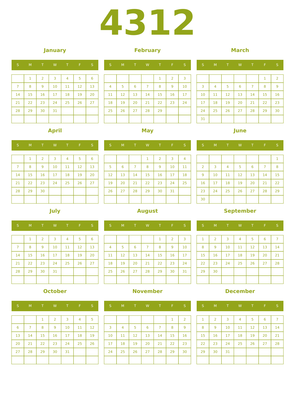 Printable 4312 Year Calendars chartreuse