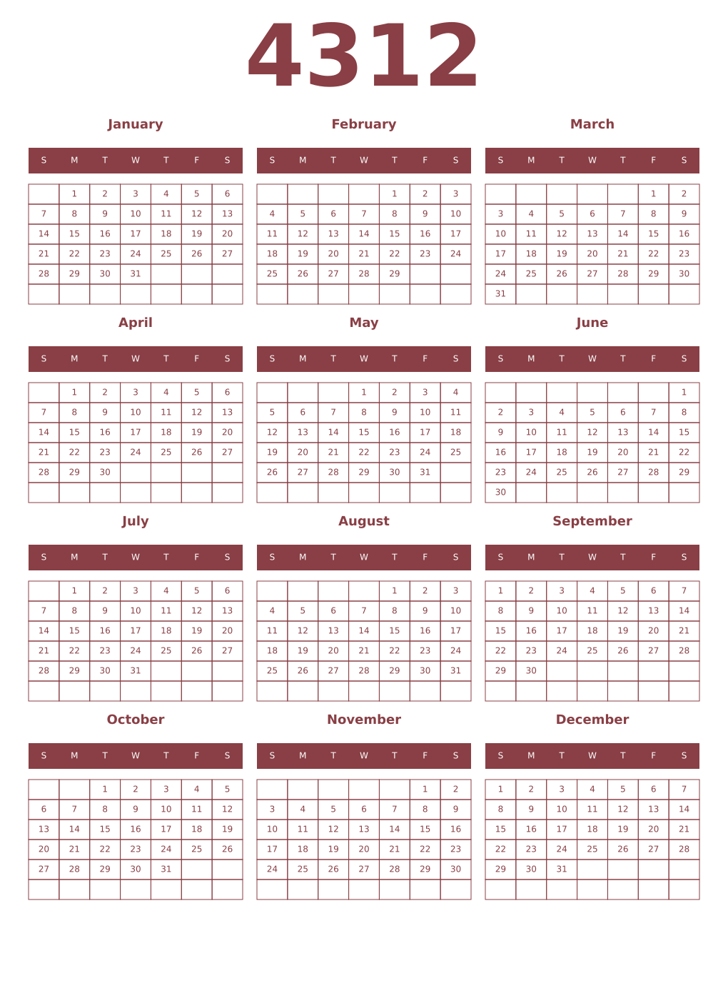 Printable 4312 Year Calendars cordovan