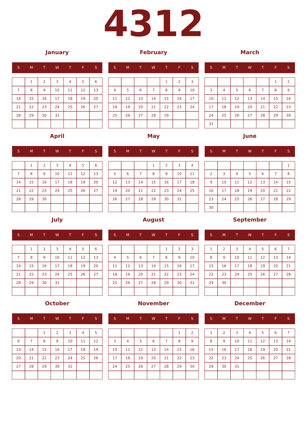 Printable 4312 Year Calendars falu
