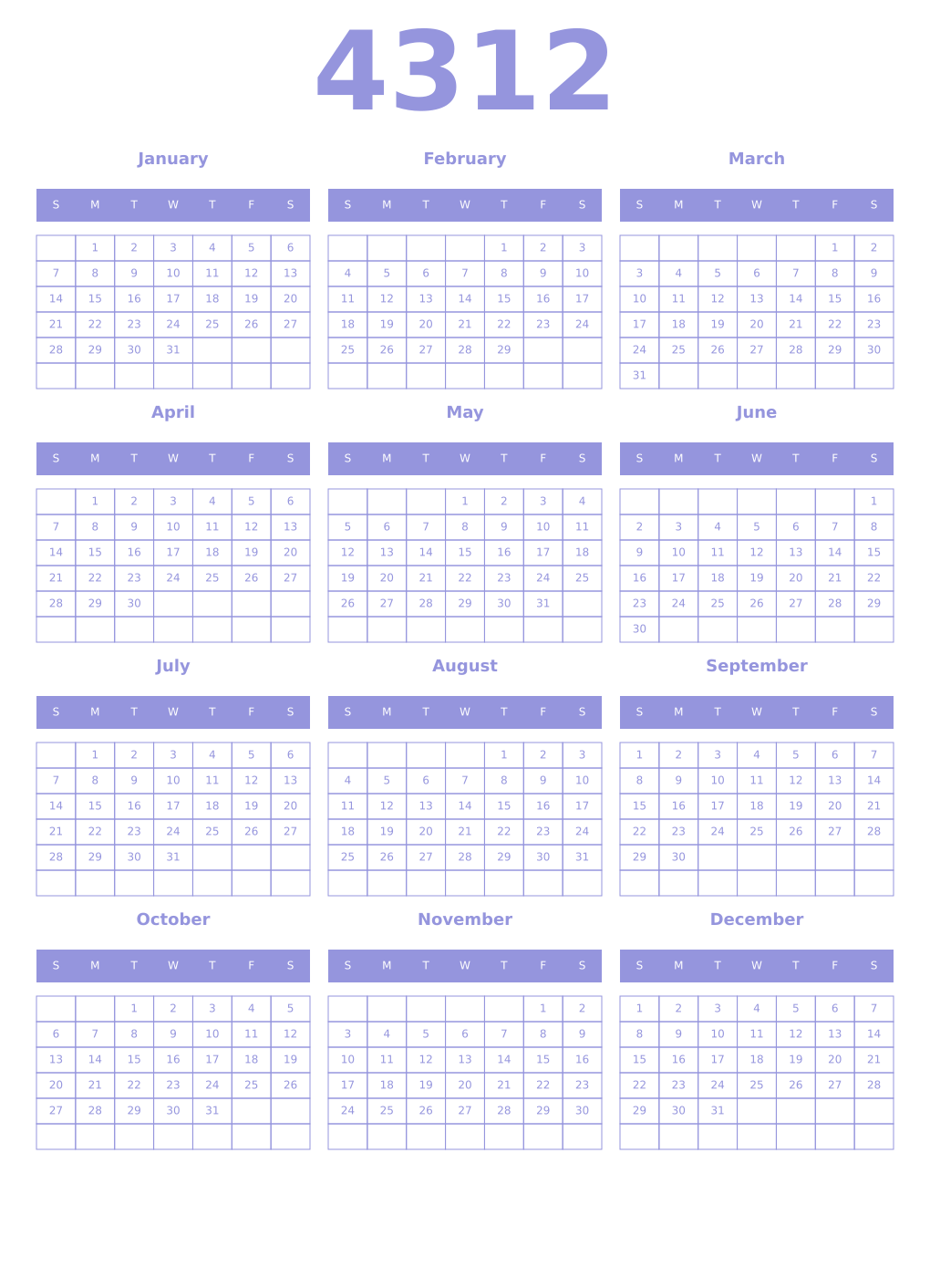 Printable 4312 Year Calendars periwinkle
