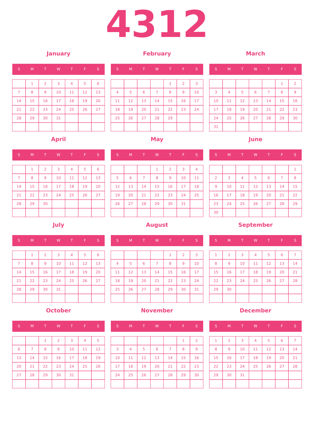 Printable 4312 Year Calendars pink