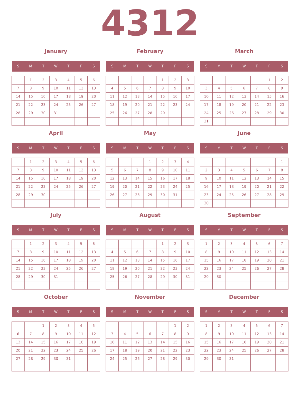 Printable 4312 Year Calendars puce