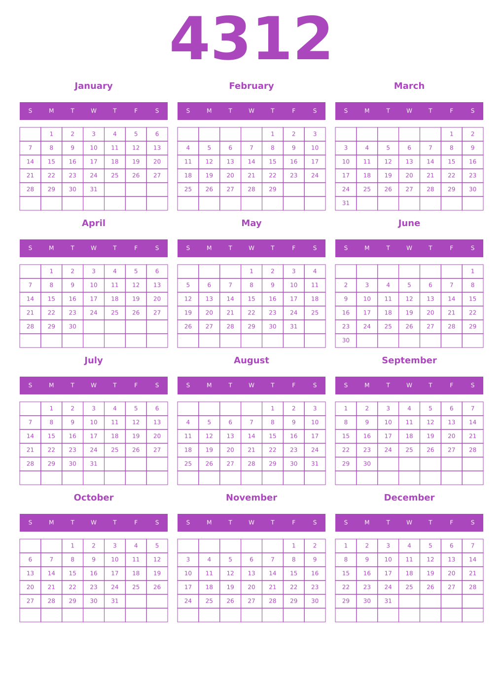 Printable 4312 Year Calendars purple