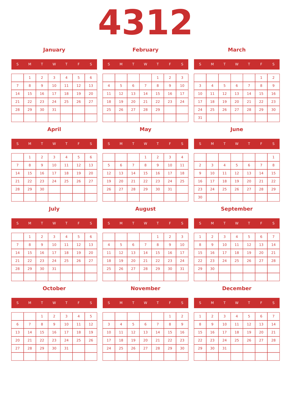Printable 4312 Year Calendars red