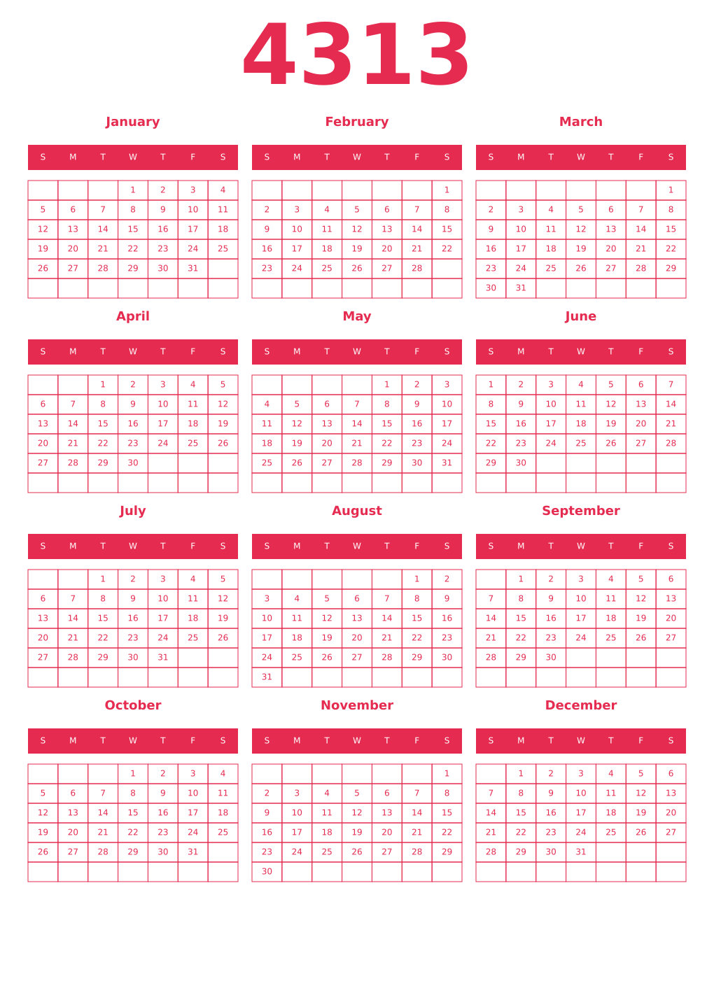 Printable 4313 Year Calendars amaranth