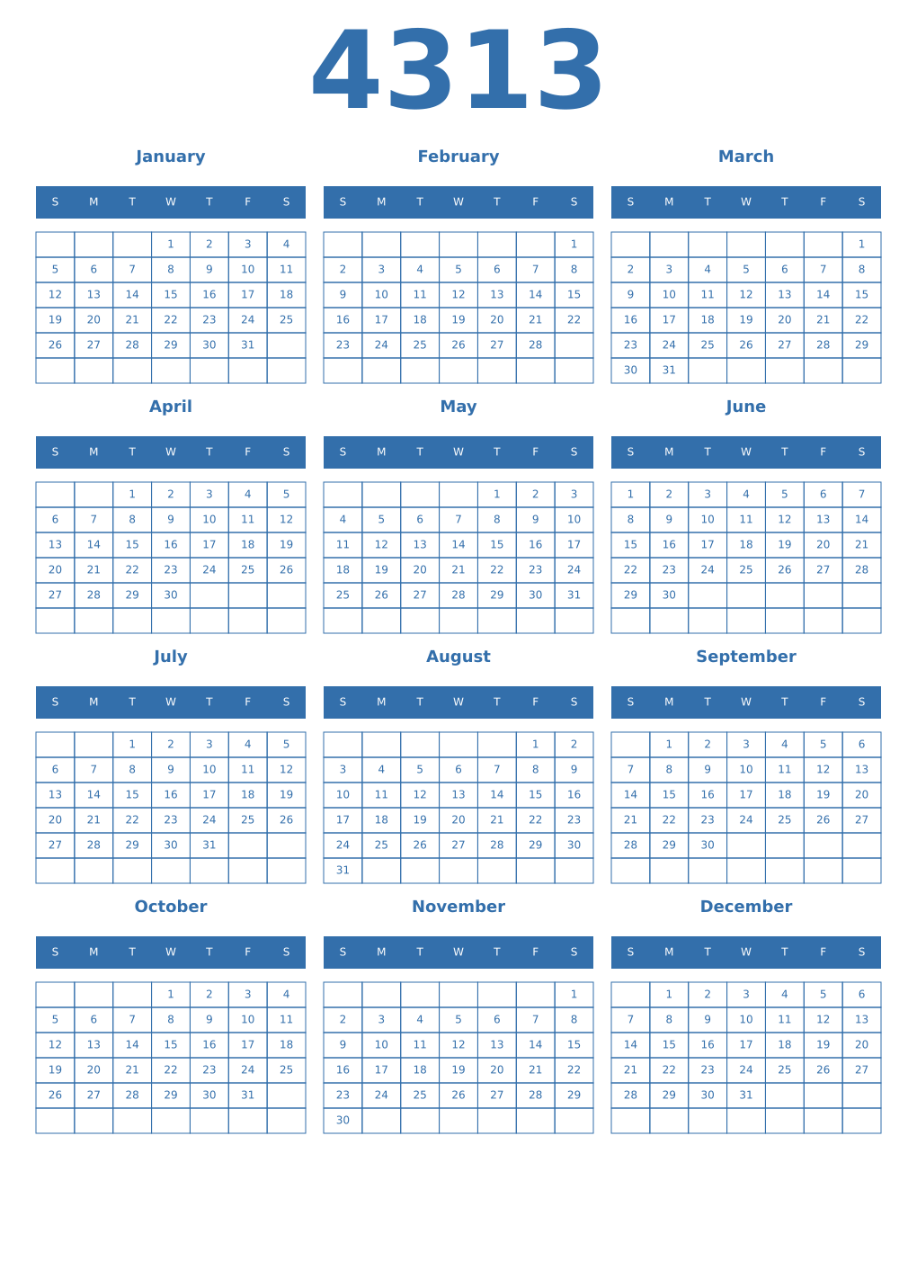 Printable 4313 Year Calendars blue
