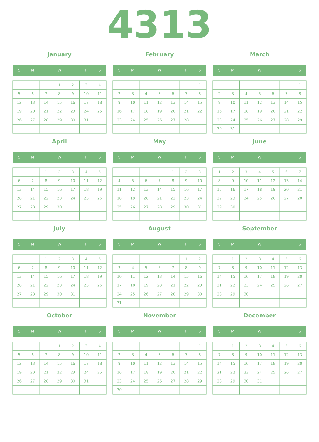 Printable 4313 Year Calendars celadon