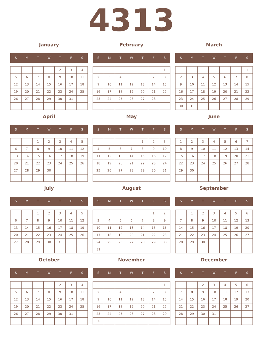 Printable 4313 Year Calendars coffe