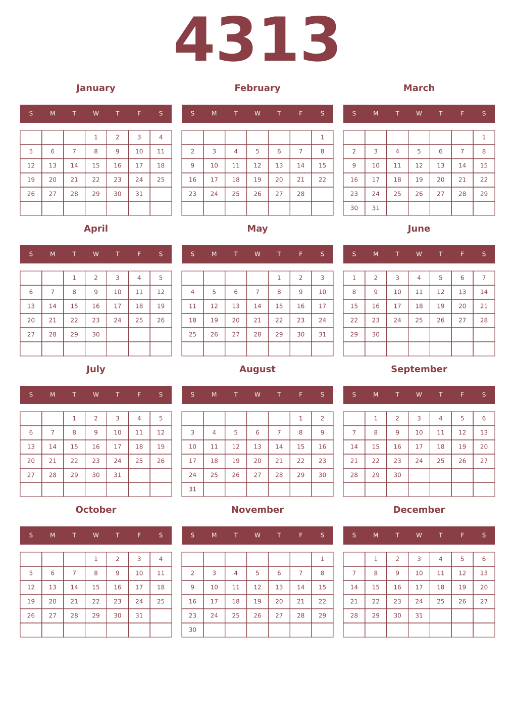 Printable 4313 Year Calendars cordovan