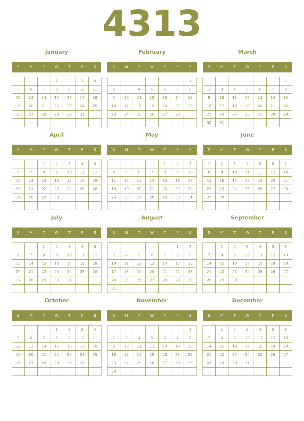 Printable 4313 Year Calendars eburnean