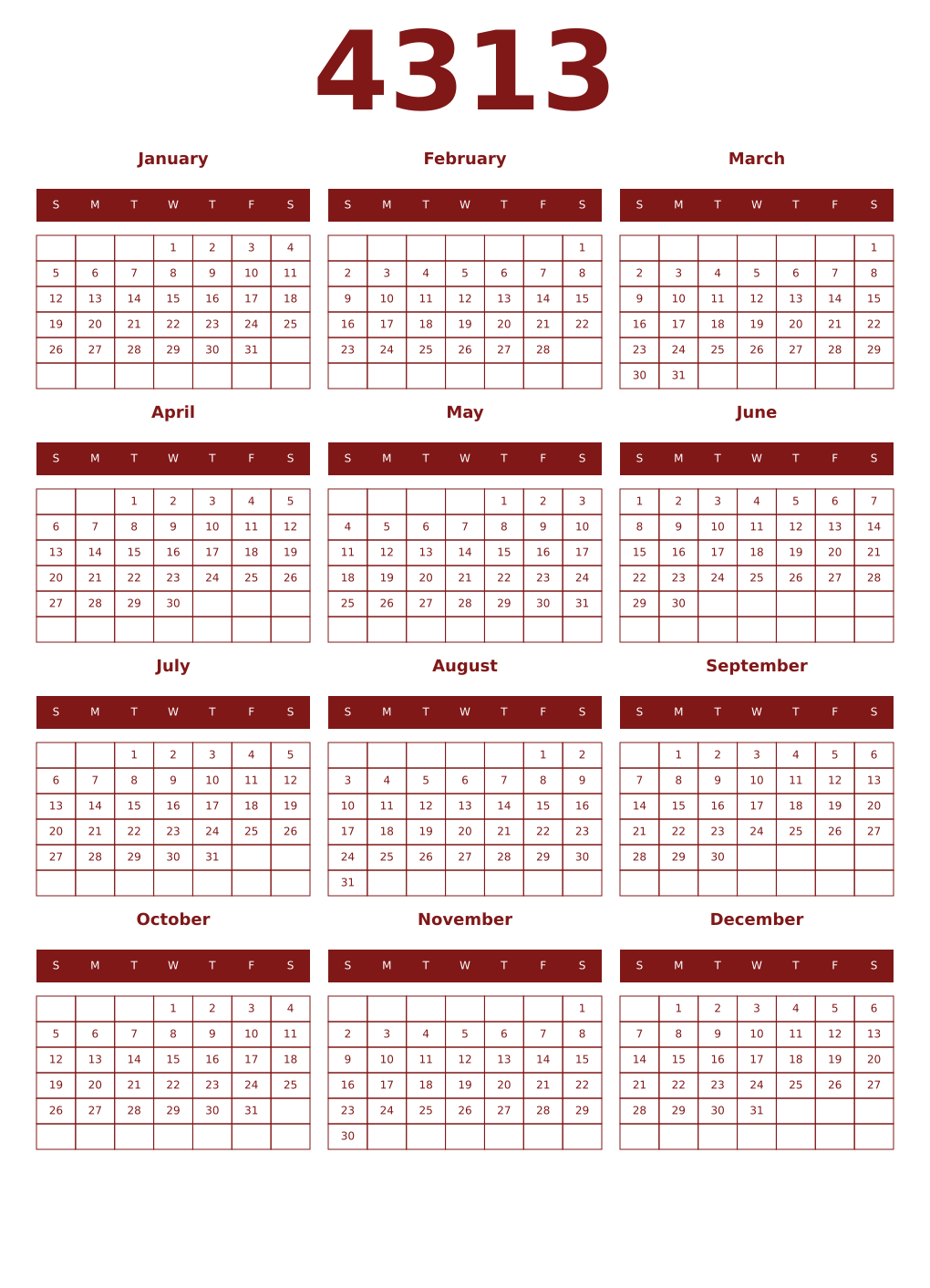 Printable 4313 Year Calendars falu
