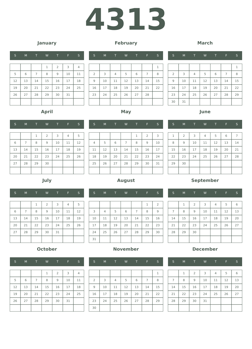 Printable 4313 Year Calendars feldgrau