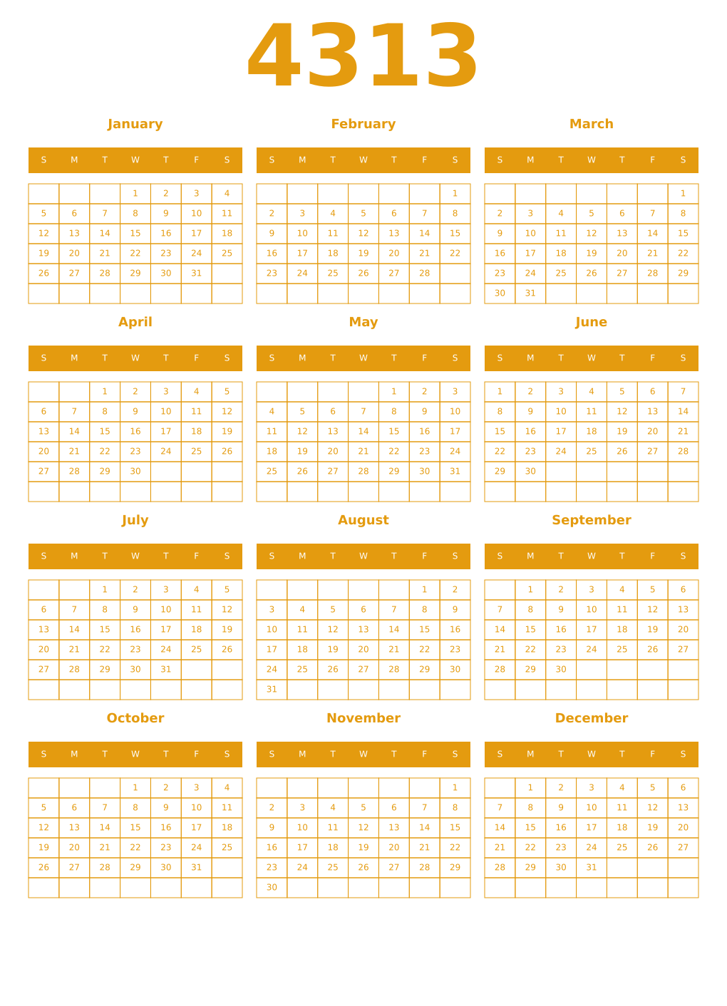 Printable 4313 Year Calendars gamboge