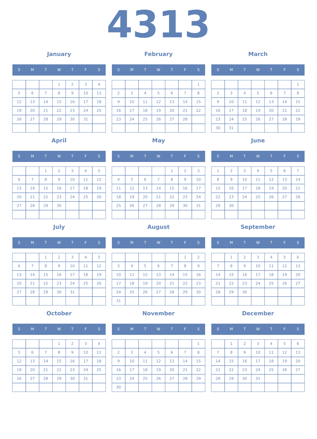 Printable 4313 Year Calendars glaucous
